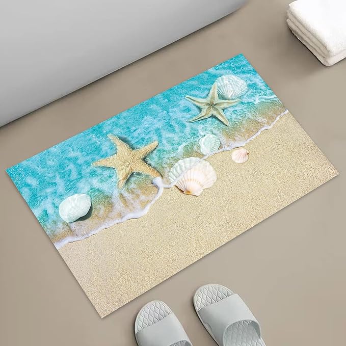 APROPHIC Bathroom Rugs Quick Dry Bath Mat, Super Absorbent Bath Rug, Washable Bathroom mats Non Silp Rubber Backing, Coastal Beach Theme Seashells Starfish Shower Mat for Bathroom Tub, Sink 16x24 in