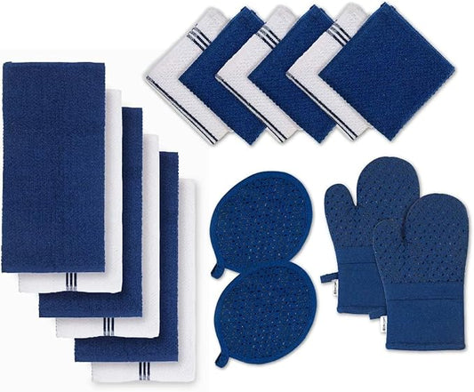 LANE LINEN Tea Towels - 16 Pc Set with Silicone Oven Mitts and Pot Holders, Cotton Kitchen Towels, Absorbent Dish and Hand Towels - Indigo