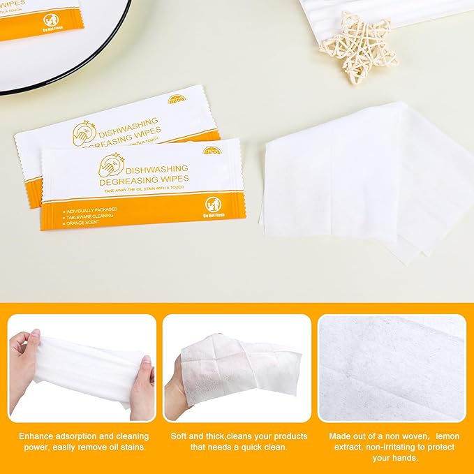 Dish Cleaning Wipes Individually Wrapped Travel Dish Soap Wipes Orange Scent 7.7”x 7.3“ Disposable Wipes Portable for Kitchen Outdoor Traveling Camping RV Quick Clean (500)