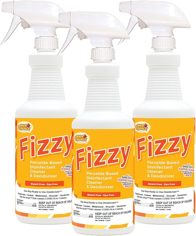 Fizzy RTU Disinfectant Cleaner Spray, Hydrogen Peroxide, Sparkling Zest Scent, Ready to Use, 32 oz Quart Bottles, 3 Pack – For Hard Non-Porous Surfaces