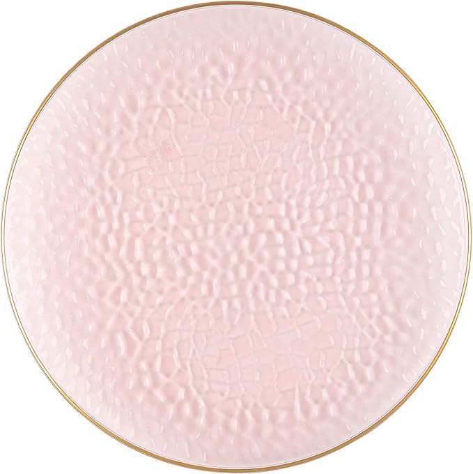 PLASTICPRO 30 Pack Hammered Plastic Plates Heavyweight Disposable Plastic Plates Elegant Clear Platsic Party Dishes (Hammered Pink With Gold Rim, 9'' INCH PLATES)