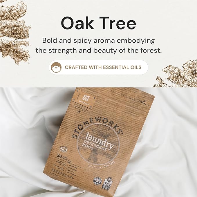 Grab Green Stoneworks Natural Laundry Detergent Powder Pods, Oak Tree, 50 Loads