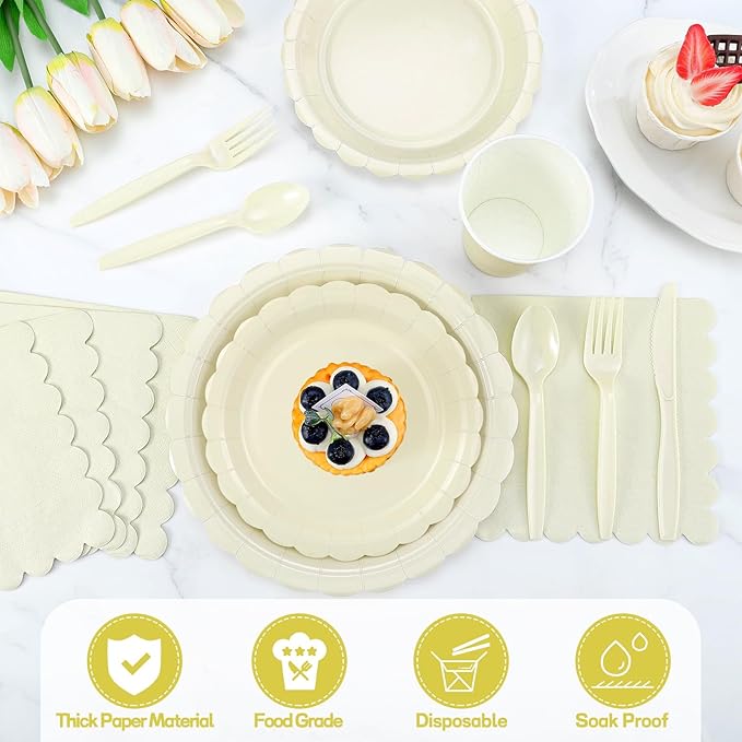 350 Pcs Ivory Dinnerware Sets, 9" Party Plates, 7" Cream Dessert Plate, 9oz Cups & Cutlery, 50 Guest Beige Scalloped Disposable Plates Set for Baby Bridal Shower, Wedding, Birthday