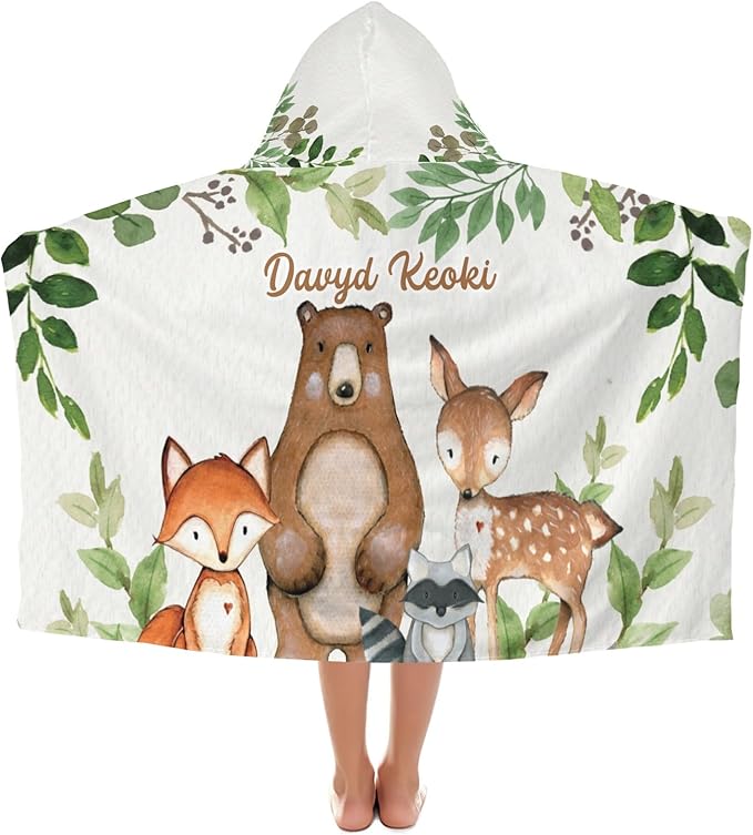 Safari Animals Bear Deer Personalized Kids Hooded Towel with Name Soft Absorbent Beach Pool Bath Towels Hood Poncho for Boys Girls