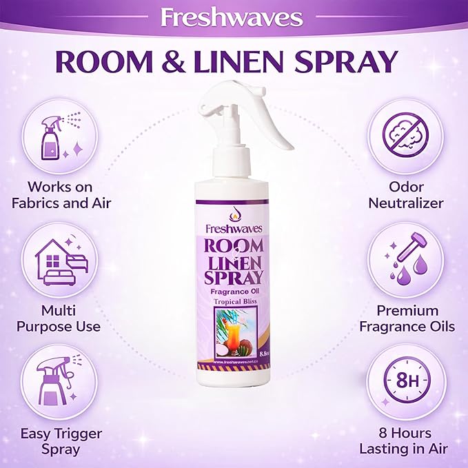 Freshwaves Room & Linen Spray | Tropical Bliss Fragrance Oil | 8.8oz Air Freshener | Odor Eliminator for Living Room, Bedroom, Bathroom & Office