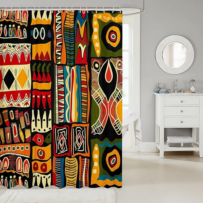 African Pattern Shower Curtain for Kids Adults African Woman Bathroom Shower Curtain Set Ethnic Afro Decor Bath Curtain Colorful Tribal Historical Waterproof Shower Curtain with Hooks 72x72 Inch