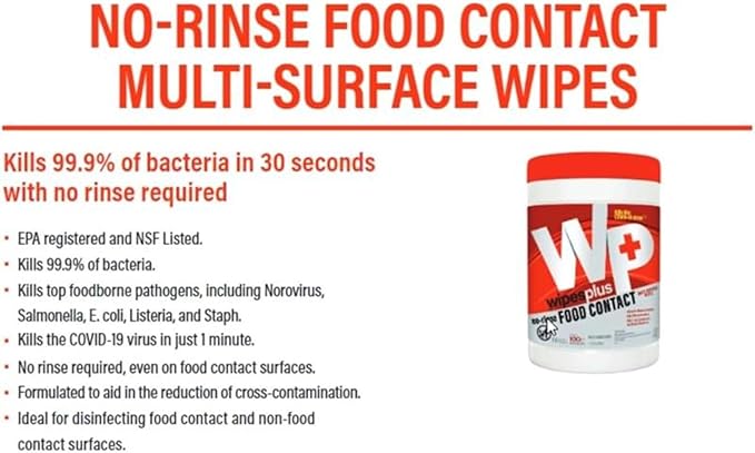 WIPESPLUS Cleaning Wipes All Purpose Food Contact - No Rinse, No Residue, Quick Dry Formula, Disinfecting Wipes For Restaurants, Foodservice, Schools - Canister, 100 Count