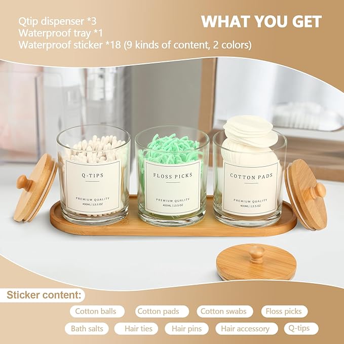 eggs sound 3 Pack Qtip Holder - Bathroom Organizers and Storage, Cotton Round Pad Swab Holder Dispenser Floss Pick Holder with Tray, Glass Apothecary Jars with Lids, Cotton Ball Container - Clear