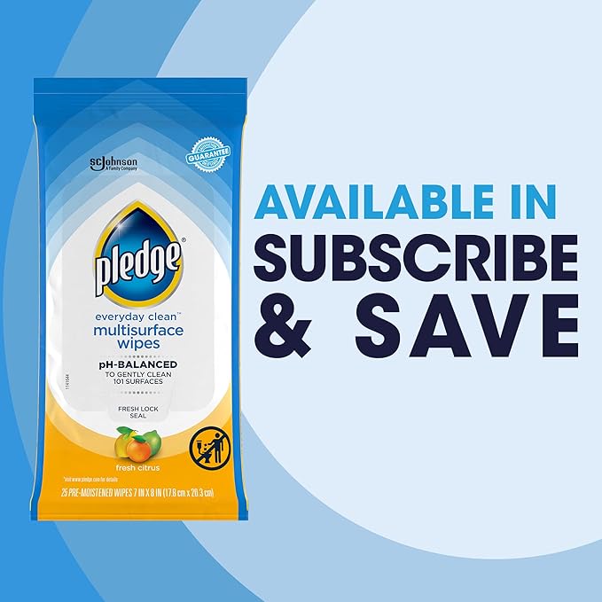 Pledge Multisurface Cleaning Wipes, pH Balanced, Fresh Citrus, 25 Count (Pack of 12)
