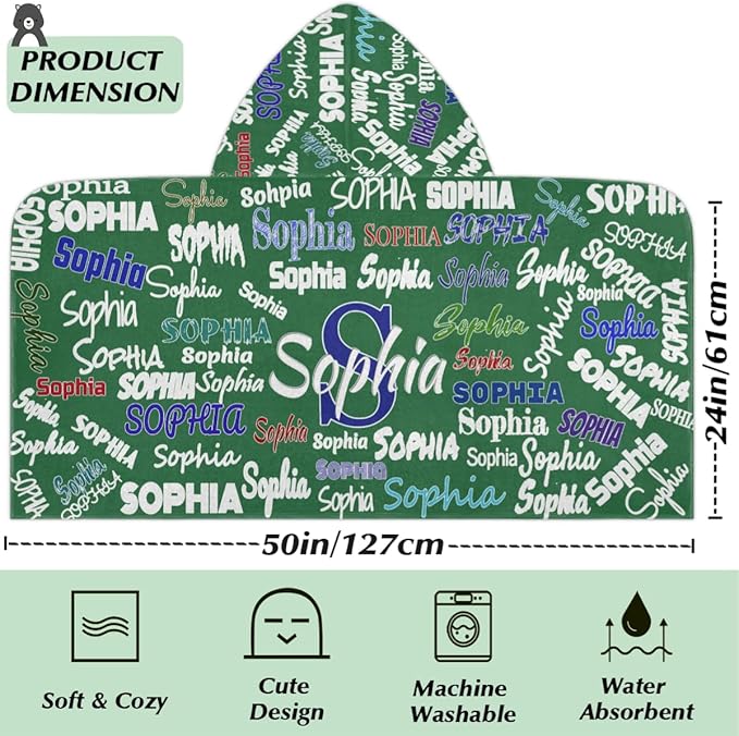 Custom Hooded Towel for Toddlers Boys Girls Kids Bath Pool Beach Towel Soft Absorbent Beach Poncho Wrap Changing Robe, Sea Green Color