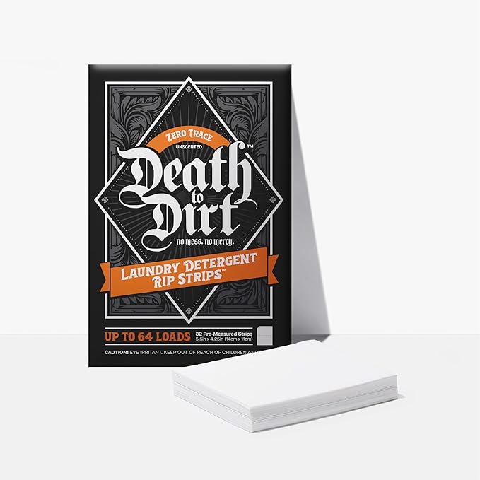 Death to Dirt Laundry Detergent Sheets, 64 Loads, Tough on Stains and Odors, Gentle on Skin and Fabric, Plant-Based & Eco-Friendly, Zero Trace Unscented, 32ct