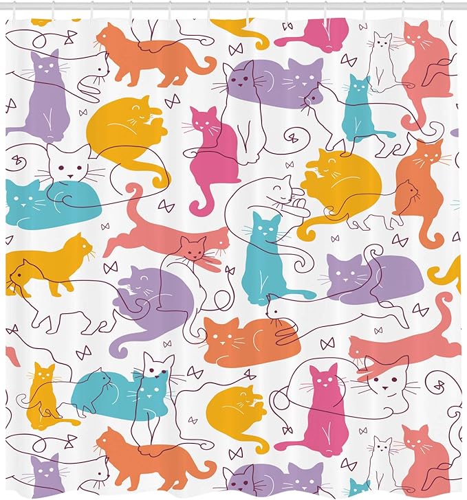 Ambesonne Cat Shower Curtain, Colorful Cats Jumping Playing Sitting Relaxing Feline Joyful Modern Line Art, Cloth Fabric Bathroom Decor Set with Hooks, 69" W x 84" L, Mustard Purple