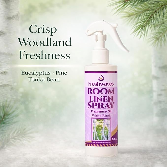 Freshwaves Room & Linen Spray | White Birch Fragrance Oil | 8.8oz Air Freshener | Odor Eliminator for Living Room, Bedroom, Bathroom & Office | White & Purple Bottle