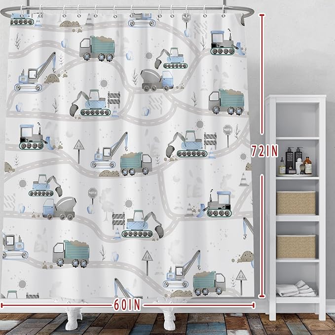 Excavator Kids Shower Curtain Sets Cartoon Construction Truck Tractor Car Bathroom Decor Fabric Polyester Waterproof 60x72 Inches with 10 Hooks for Boys Machinery Vehicle Bath Curtains