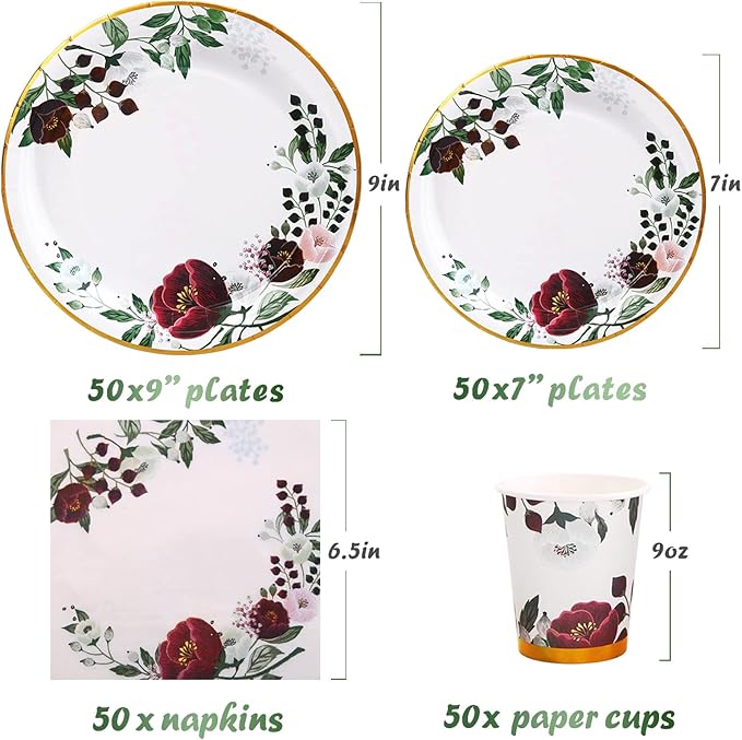 200Pcs Floral Paper Plates and Napkins Party Supplies - Bridal Shower Decorations Serves 50, Burgundy for Wedding, Birthday, Valentine's Day, Easter, Spring Party