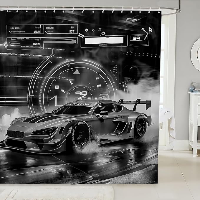 Erosebridal Extreme Sports Shower Curtain Black White Grey Sports Car Bath Curtain,Boys Cars 72" Wx84 L Shower Curtain Set Dirt Bike Vehicles Bathroom Decor