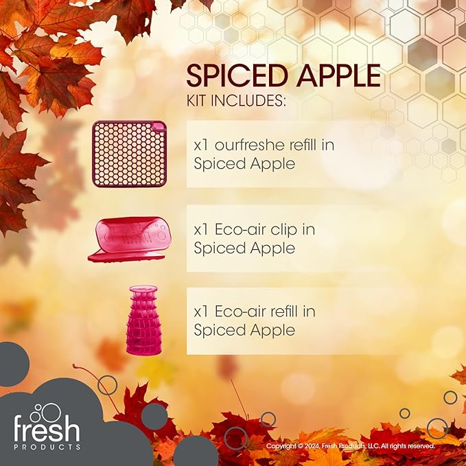 Fresh Products Fall Fragrance variety pack air freshener refill includes 1 ourfreshe and 1 eco-air and 1 eco-air clip in Spiced Apple 3 pack
