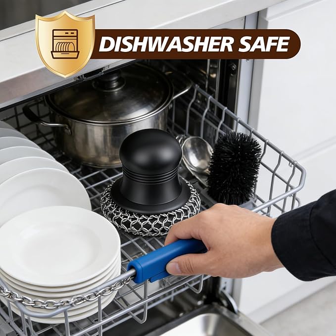 316 Upgraded Cast Iron Scrubber with Pan Scraper,Cast Iron Cleaner for Grill Pan Skillet Wok Carbon Steel,Ergonomic to Hold Easy to Use Dishwasher Safe ((Large Chain Mail))