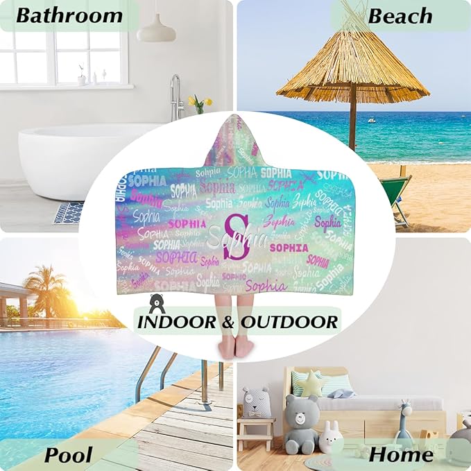 Personalized Hooded Towel Kids Beach Towels Name, Custom Toddlers Cotton Wrap Towel for Shower Beach Trip Pool, Gradient Green Color