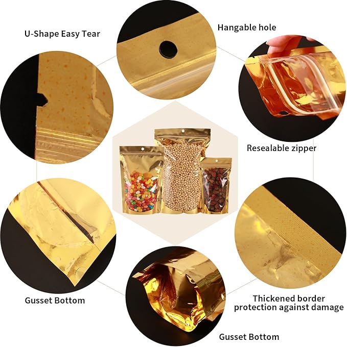 100 Pcs 1 Gallon Mylar Bags for Food Storage 10x14 Mylar Bag with Window Large Holographic Resealable Bags Smell Proof Bag Food Packaging for Small Business Freeze Dried Candy Stand Up Pouches