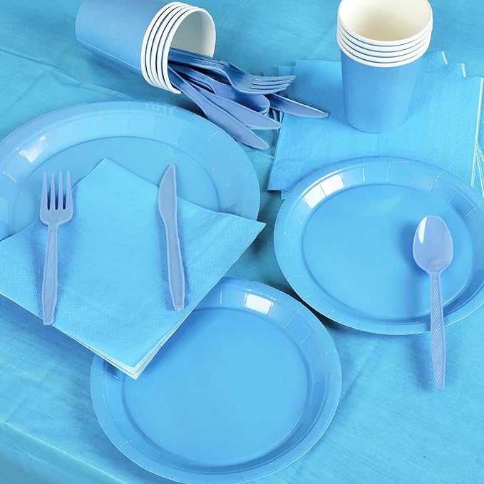 229PCS Light Blue Party Supplies Set Paper Disposable Plates Cups Plastic Spoons Forks Knives Light Blue Napkins for 30 Guests Disposable Party Dinnerware Sets for Wedding Birthday Parties
