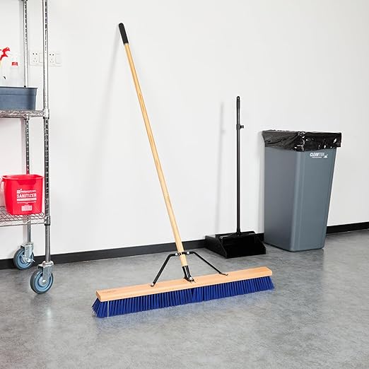 Restaurantware-Clean Tek Professional 36 Inch Push Broom, 1 Heavy-Duty Broom with 60” Handle - Medium Plastic Bristles, Durable, Wooden, Commercial Use, for Deck, Driveway, Garage, Yard, Patio