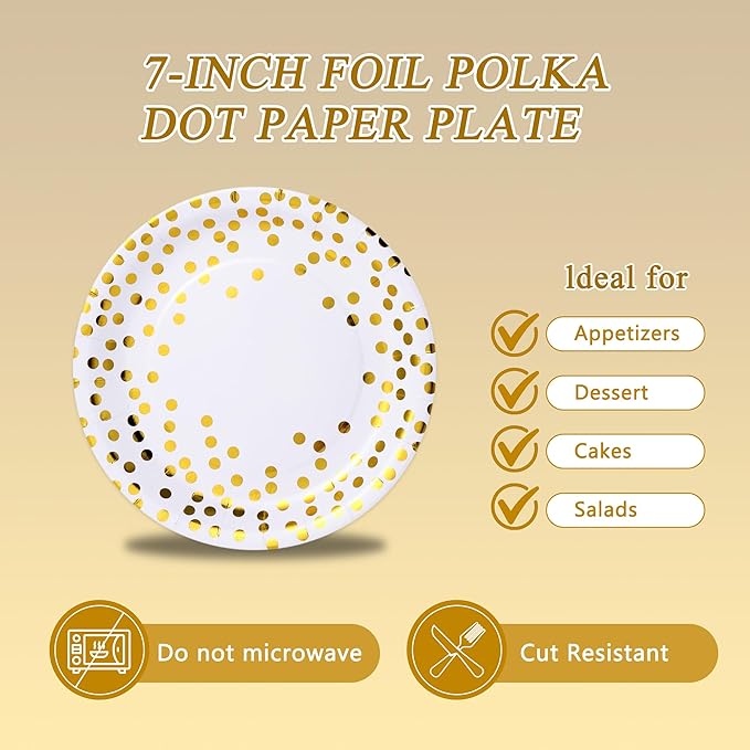 White and Gold Paper Plates and Napkins Tablecloth Party Supplies,Serves 25 Guests White Gold Plates and Napkins Tablecloth,Disposable Tableware Set for Birthday Graduation Retirement Decorations