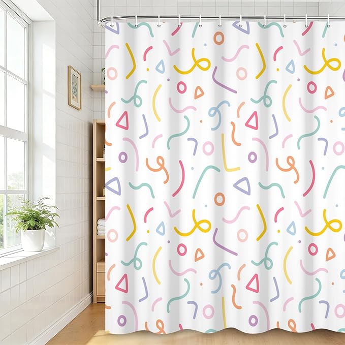 Cute Colorful Doodle Shower Curtains Playful Confetti Shower Curtain Decorative for Bathroom Pastel Waterproof Fabric Bathroom Decorations with Hooks 72x96 Inches