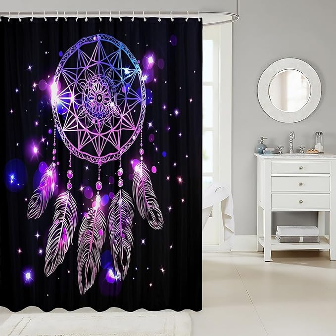 Erosebridal Dream Catcher Feather Shower Curtain, Kids Bohemian Mandala Bath Curtain, Starry Sky Galaxy Shower Curtain Set Boho Tie Dye Exotic Cloth Fabric Bathroom Decor Set With Hooks, 72" W X 84" L