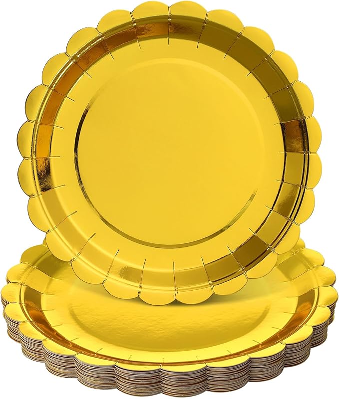 NatNarr 30 Pcs Gold Plates Disposable 9 Inch Scalloped Gold Paper Plates Dessert Cake Plate Cute Party Plate for Wedding, Birthday, Holiday