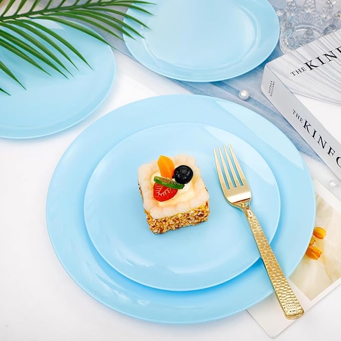 KIRE 60PCS Blue Plastic Plates Disposable - Heavy Duty Light Blue Plates Include 30Pcs 10.25” Dinner Plates and 30Pcs 7.5” for Dessert/Salad in Baby Shower/Picnic/Easter/Spring