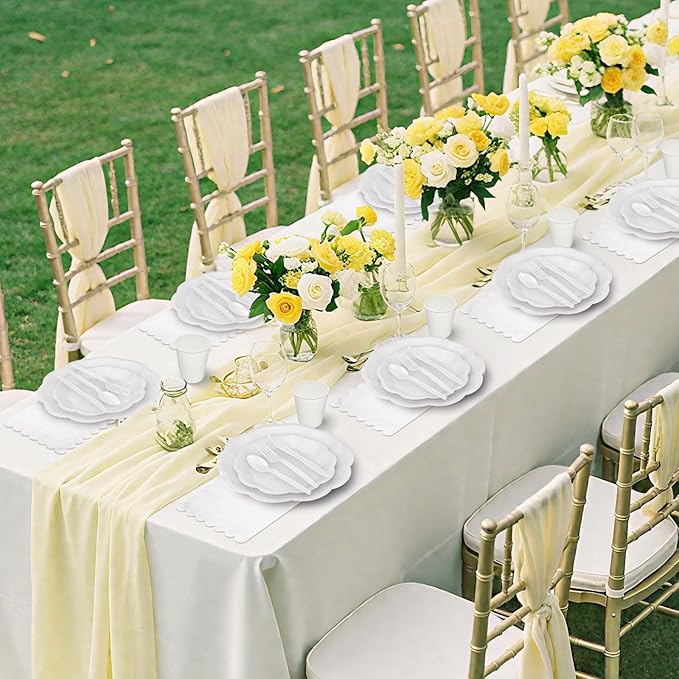 NatNarr 350 Pcs White Party Supplies Include Scalloped Plate Napkin Cup Forks Knives, Plastic Cutlery 50 Guest Disposable Parties Tableware Set for Wedding Baby Shower Bridal Shower Birthday Party