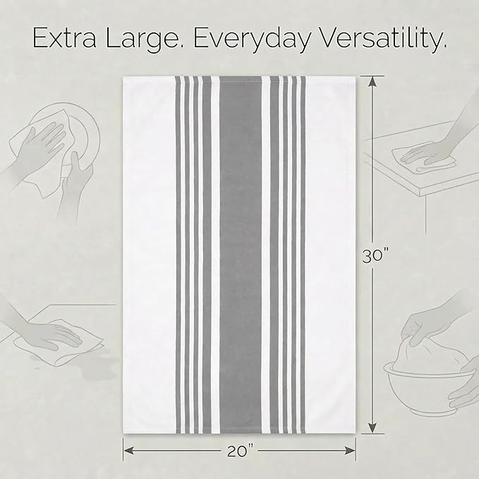 Urban Villa Kitchen Towels 100% Cotton Dish Towels for Kitchen (Set of 6) 20”x30” Dish Cloths Highly Absorbent Kitchen Linen Set with Hanging Loop Perfect for Drying Dishes Cleaning Towels-Grey White