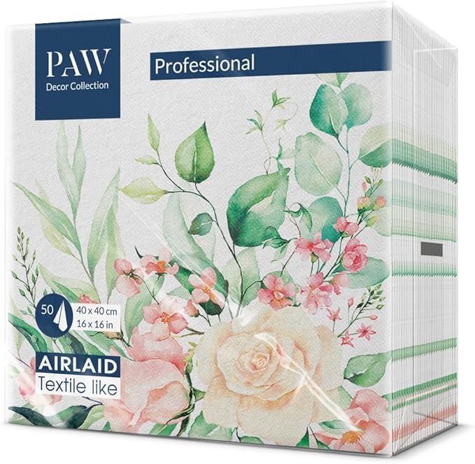 PAW - 50 Pieces Linen-Feel Paper Paper Napkins 16" x 16", Disposable Cloth-Like Napkins with Floral Design, Dinner Napkins for Party, Wedding, Barbecue, Picnic