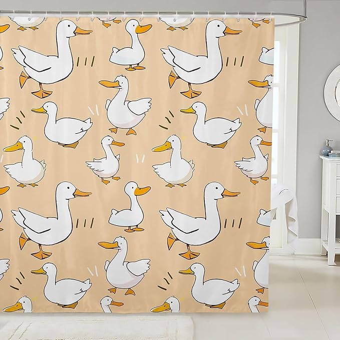 Cute Duck Shower Curtain Waterproof Fabric,Cartoon Farmhouse Livestock Animal Bath Curtain,Kawaii Goose Hand Drawn Orange Hanging Curtain with Hooks for Bathtubs, 72Wx78L inch