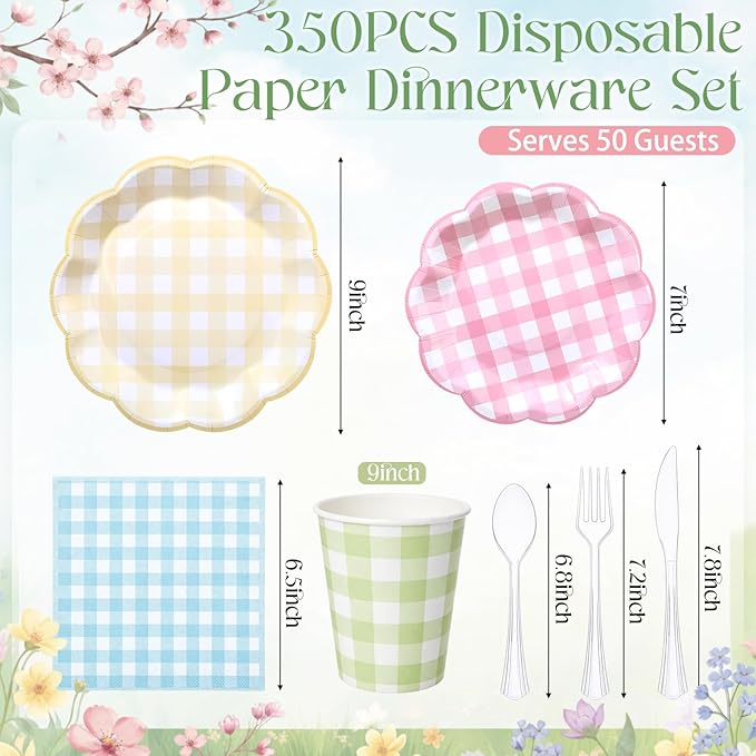 FillTouch 50 Sets Spring Pastel Gingham Disposable Tableware Pink Yellow Paper Plates Green Cups Blue Napkins Clear Knives Forks Spoons for Birthday Baby Shower Wedding Party Decoration