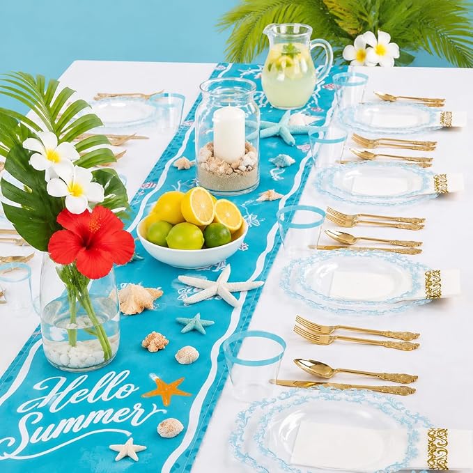 PULOTE 175-Piece Clear and Blue Plastic Plates - Blue Rim Disposable Dinnerware Set - Include 25 Dinner Plates, 25 Dessert Plates, 75 Cutlery, 25 Cups & 25 Napkins for Wedding and Parties