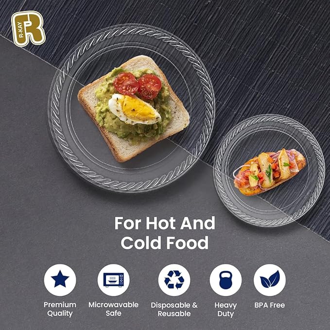 R-kay 100 Pack 6 Inch Clear Plastic Plates - Heavy Duty Small Dessert Plates - Microwavable Small Appetizer Plates - Premium 6 inch Disposable Plates
