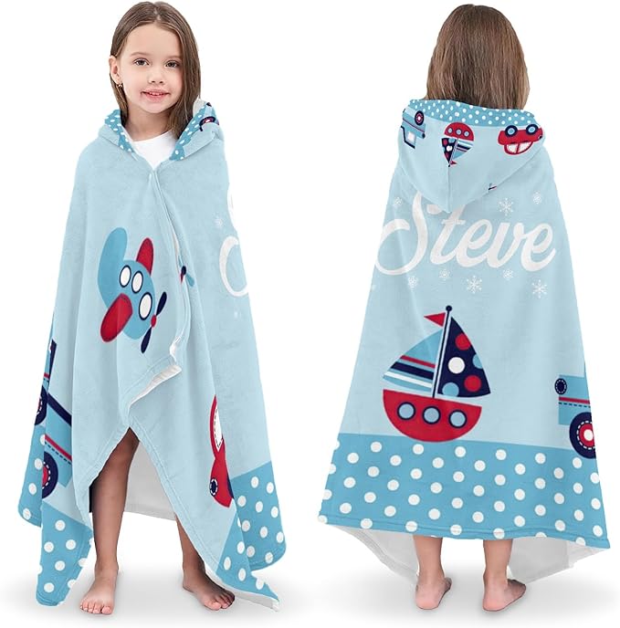 Custom Car Truck Blue Hooded Bath Beach Towel, Oversize 50"x30" Beach Bath Pool Hood Towel for Kids Cover up