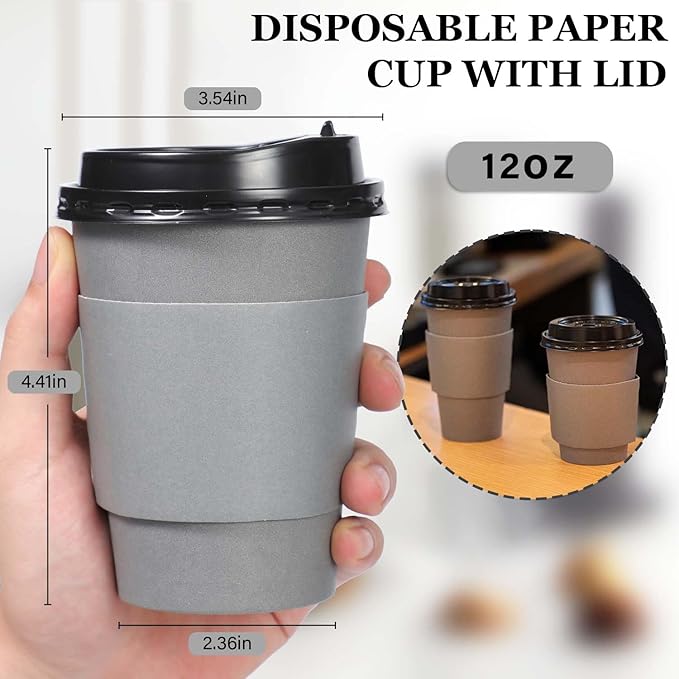 Clawsoff 100 Pack 12 oz Disposable Paper Coffee Cups with Lids and Sleeves and Stirring Sticks, Leak-free Disposable Insulated Paper Cups for To Go Hot or Cold Beverages(Gray)