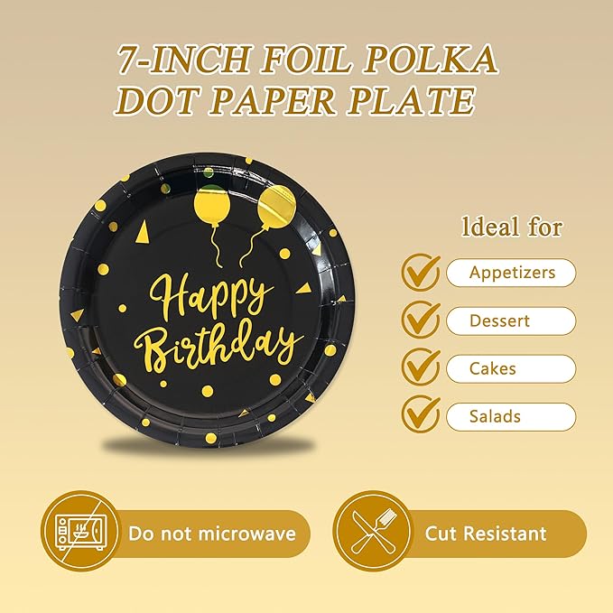 75 Pcs Happy Birthday Paper Plates,Serves 25 Guests Black Gold Plates and Napkins with Gold Forks,Disposable Paper Tableware Set for Birthday Party Decorations