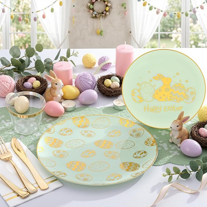 Festiva 175Pcs Easter Plates and Napkins Disposable - Green and Gold Plastic Dinnerware Set for 50 guests include 50 Plates 25Cups 25Plastic Silverware 25Napkins Perfect for Easter Party