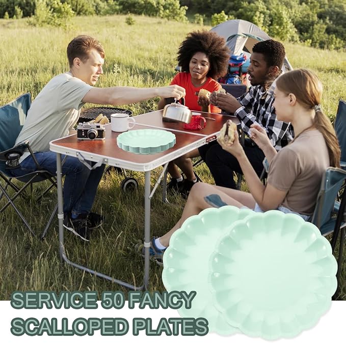BHHQHH 50Pcs Disposable Scalloped Paper Plates 9 Inch Shell Edge Dinner Paper Plates for Wedding Baby Shower Birthday Party Bridal Party Supplies(Green)