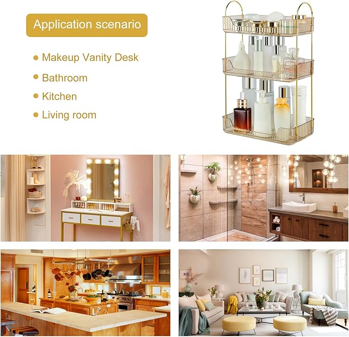 Bathroom Counter Organizer Skincare Organizer Perfume Holder for Dresser Countertop Shelf Bathroom Countertop Tray for Cosmetic Skin Care Lipstick (Gold 3-Storey)