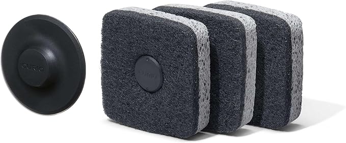 Curio Home Goods Ionic Non-Scratch Kitchen Sponge with Magnetized Holder, Dual Sided Cellulose and Scrub Pad, 3 Pack, Black/Grey
