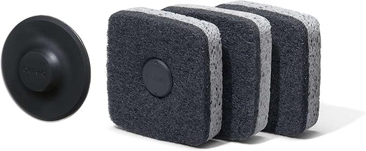 Curio Home Goods Ionic Non-Scratch Kitchen Sponge with Magnetized Holder, Dual Sided Cellulose and Scrub Pad, 3 Pack, Black/Grey