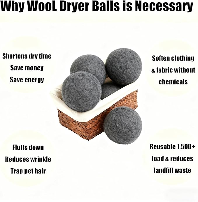 6 Pack Wool Dryer Balls Laundry Reusable Anti Static, Wool Laundry Balls for Dryer Reduces Clothing Wrinkles Natural Fabric Softener Last 1000+ Loads (Dark Grey, 2.75 in/7 cm)