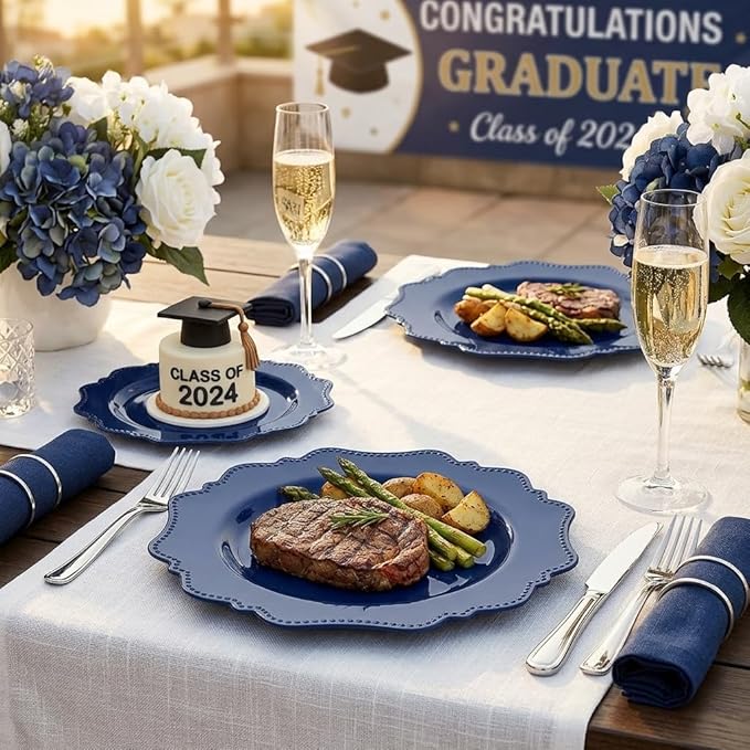 COLOSUS Navy Blue Disposable Plastic Party Plates Set Include 60pcs (30 guest) Dinner plate and Dessert Plate Heavy weight Party Dinnerware Plates