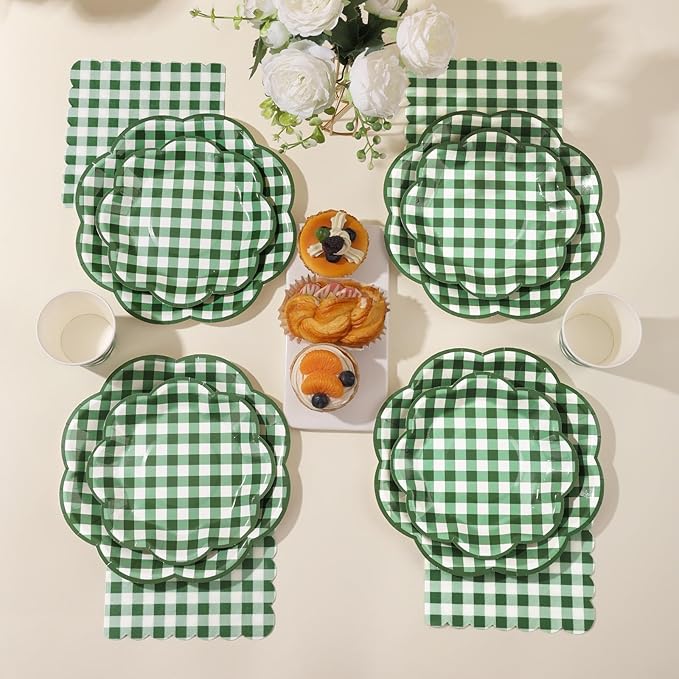 350 Pcs Green Gingham Plates and Napkins Party Supplies - Green and White Checkered Plates Sets Serve 50 Guests - Scalloped Gingham Paper Plate for Picnic BBQ Golf Party Decorations