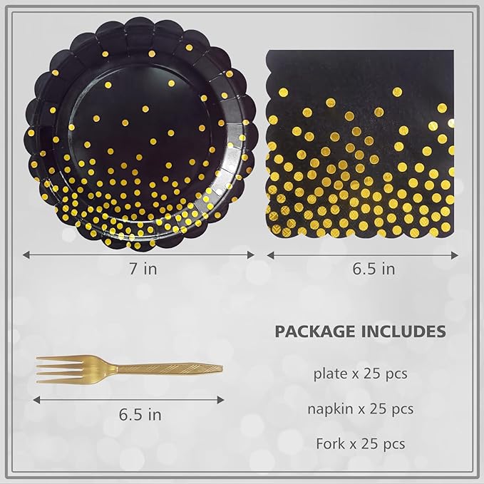 Black and Gold Paper Plates and Napkins,7 Inch Black and Gold Scalloped Disposable Dessert Plates Paper Napkin Fork Party Supplies for Wedding Baby Shower Birthday(25 Guest)